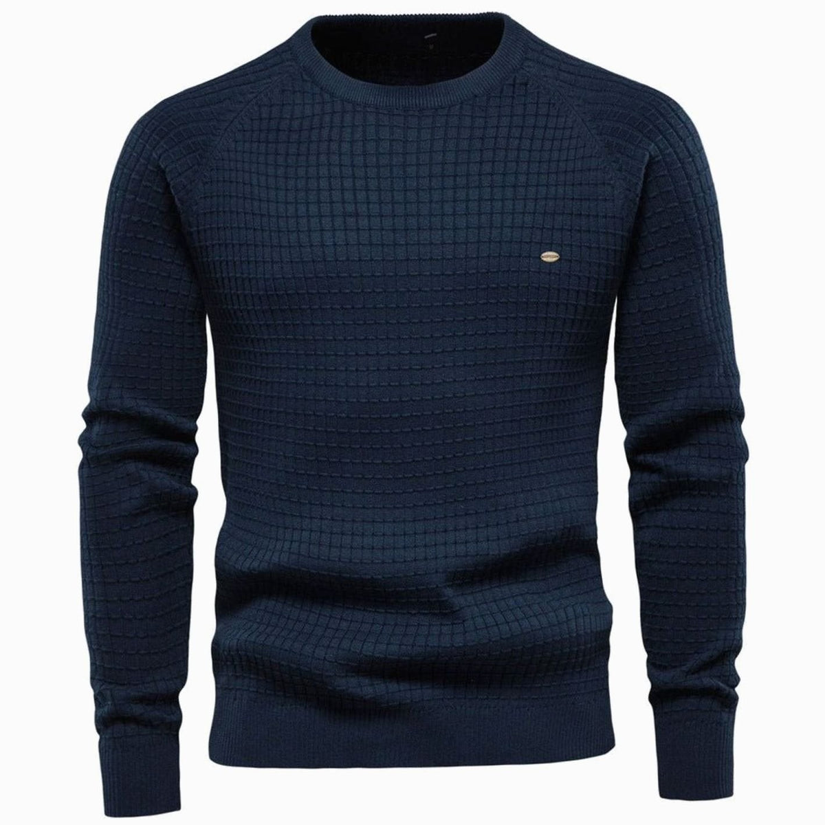 Navy waffle-knit crewneck pullover with subtle raglan seams and ribbed cuffs