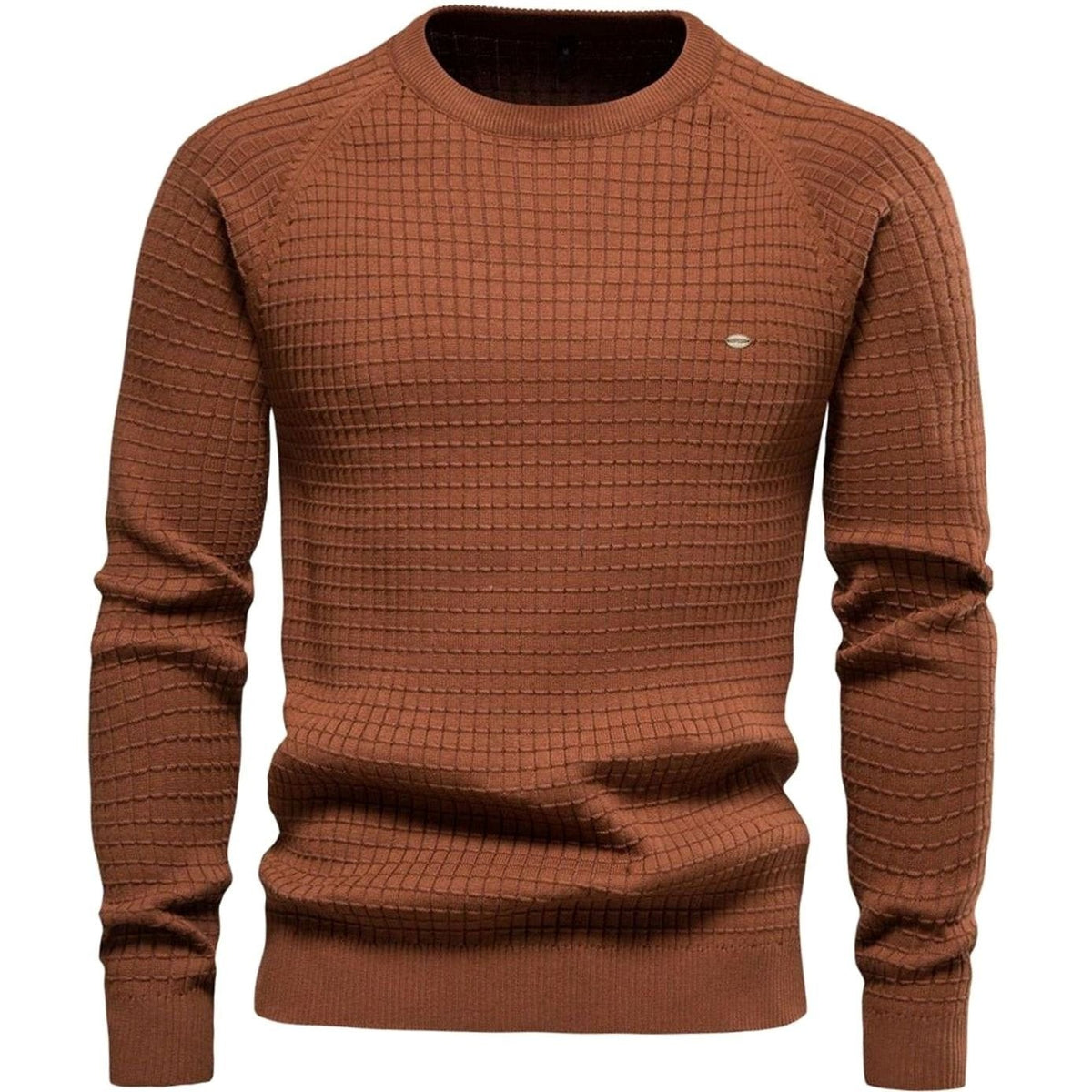 Rust brown waffle-knit crewneck pullover with ribbed hem and raglan sleeves