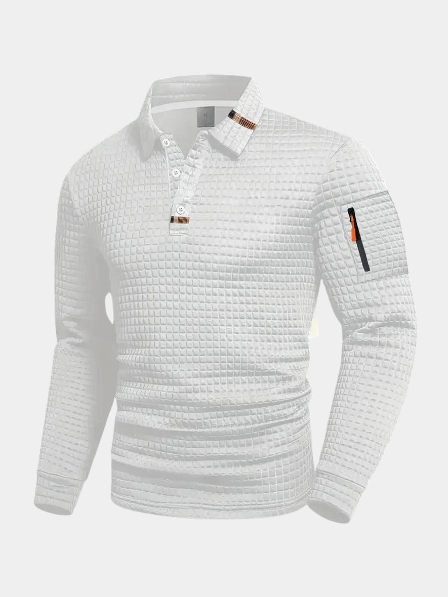 White waffle-textured long-sleeve polo shirt with arm zip pocket