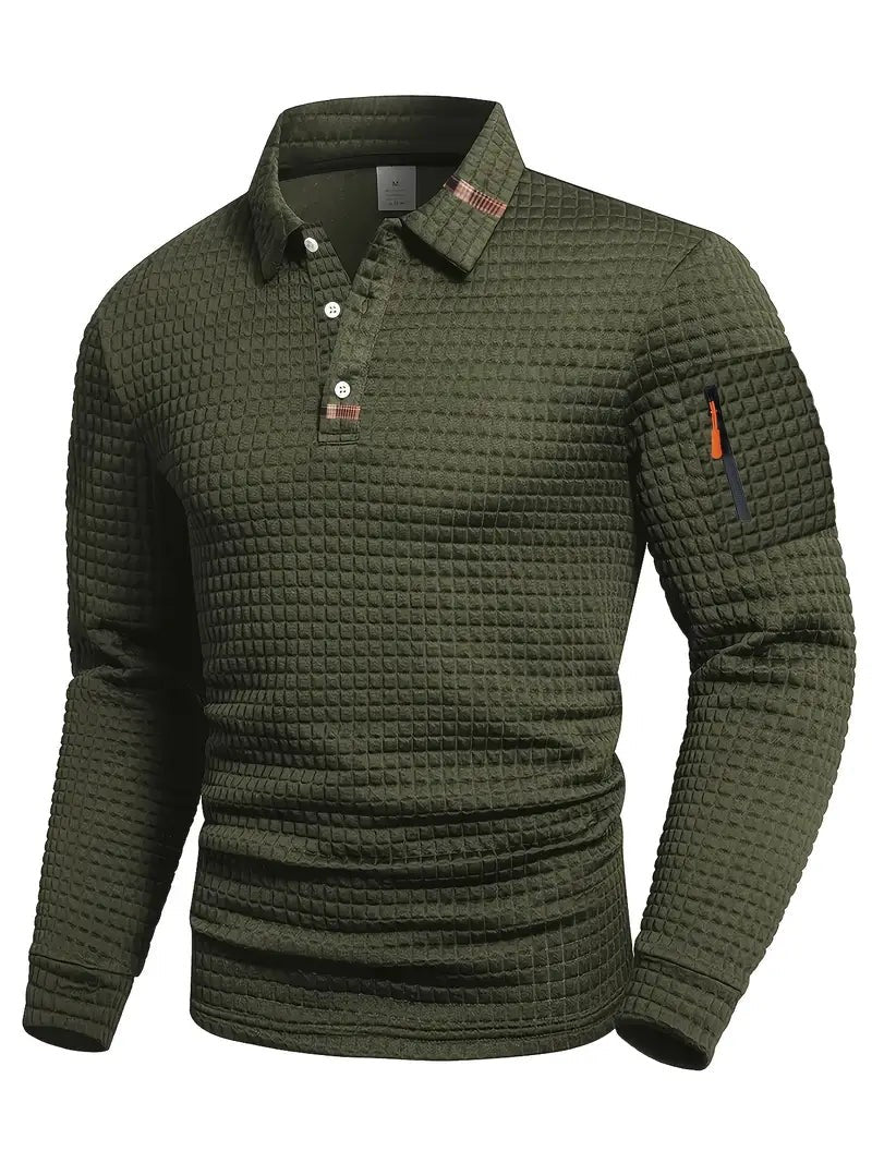 Olive green waffle knit polo shirt with zip sleeve pocket