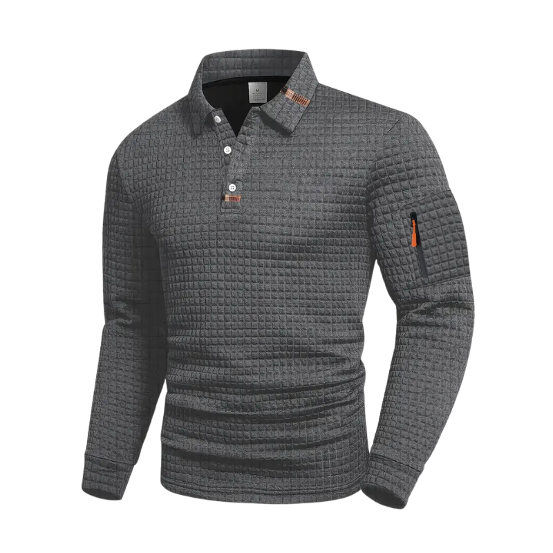 Charcoal grey textured long-sleeve polo with contrast collar trim