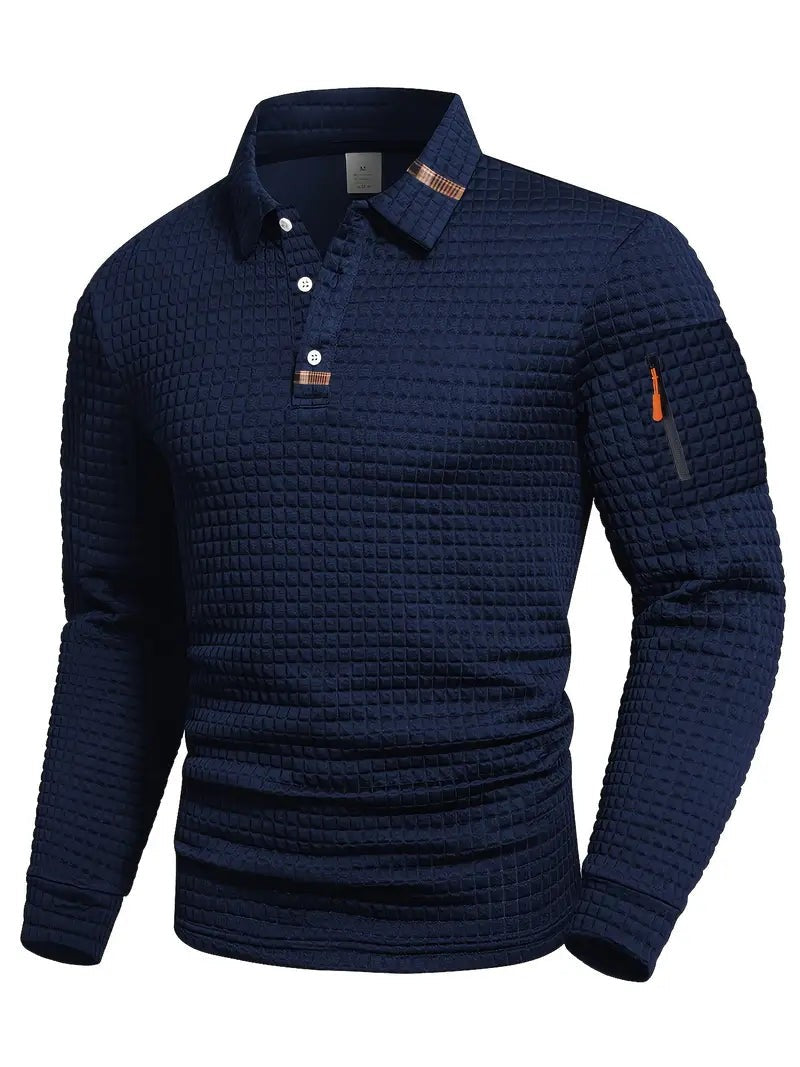 Navy waffle texture polo shirt with orange zip pull detail