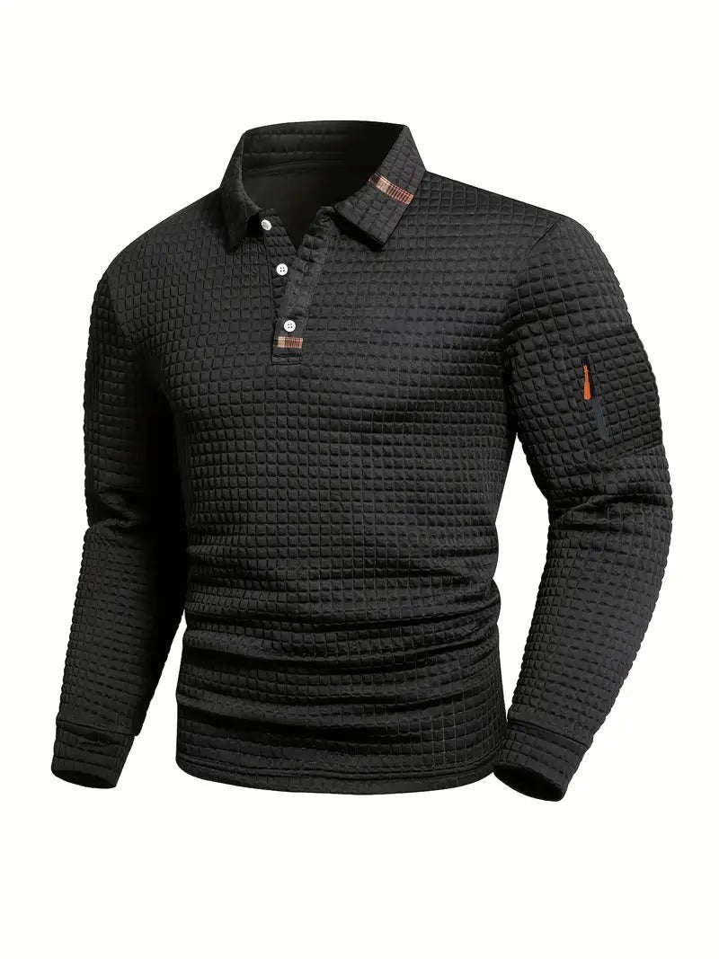 Black long-sleeve waffle knit polo with sleeve zip pocket