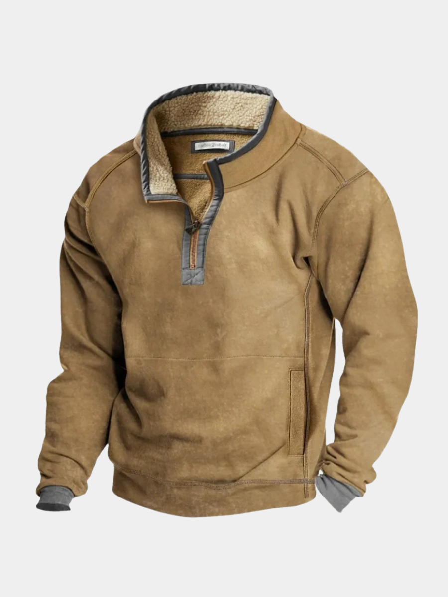 Camel quarter-zip fleece pullover with sherpa-lined stand collar and front pocket