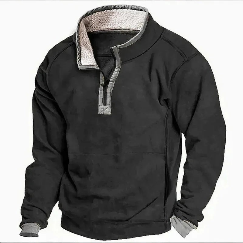 Black quarter-zip fleece pullover with contrast grey trim and sherpa collar