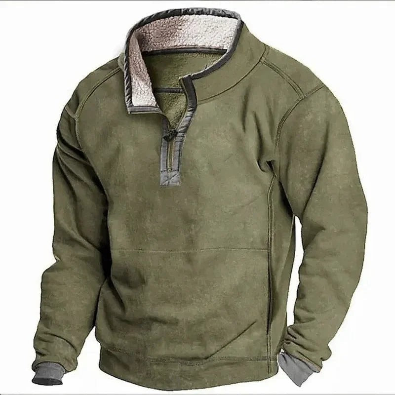 Olive green quarter-zip fleece jumper with sherpa collar and ribbed cuffs