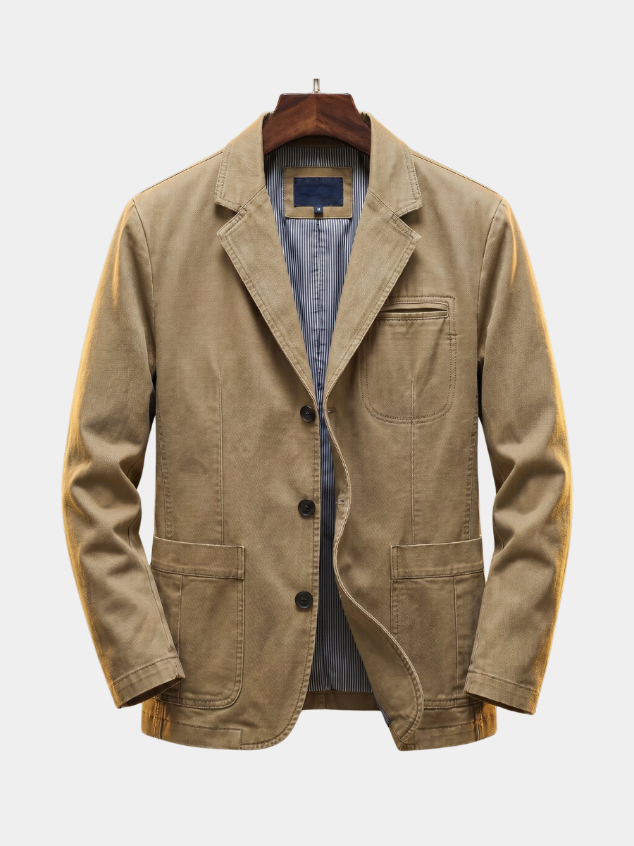 Khaki cotton blazer with striped lining and buttoned chest pocket on hanger