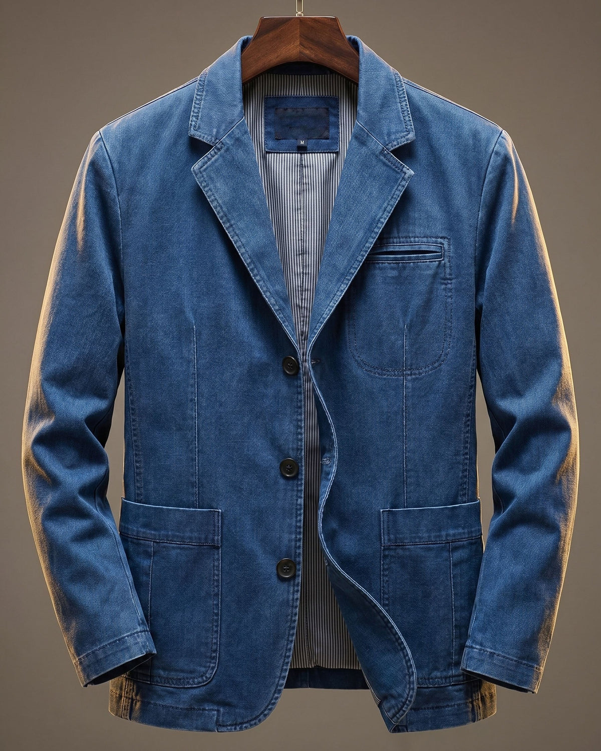 Blue washed denim blazer with three-button front and striped inner lining