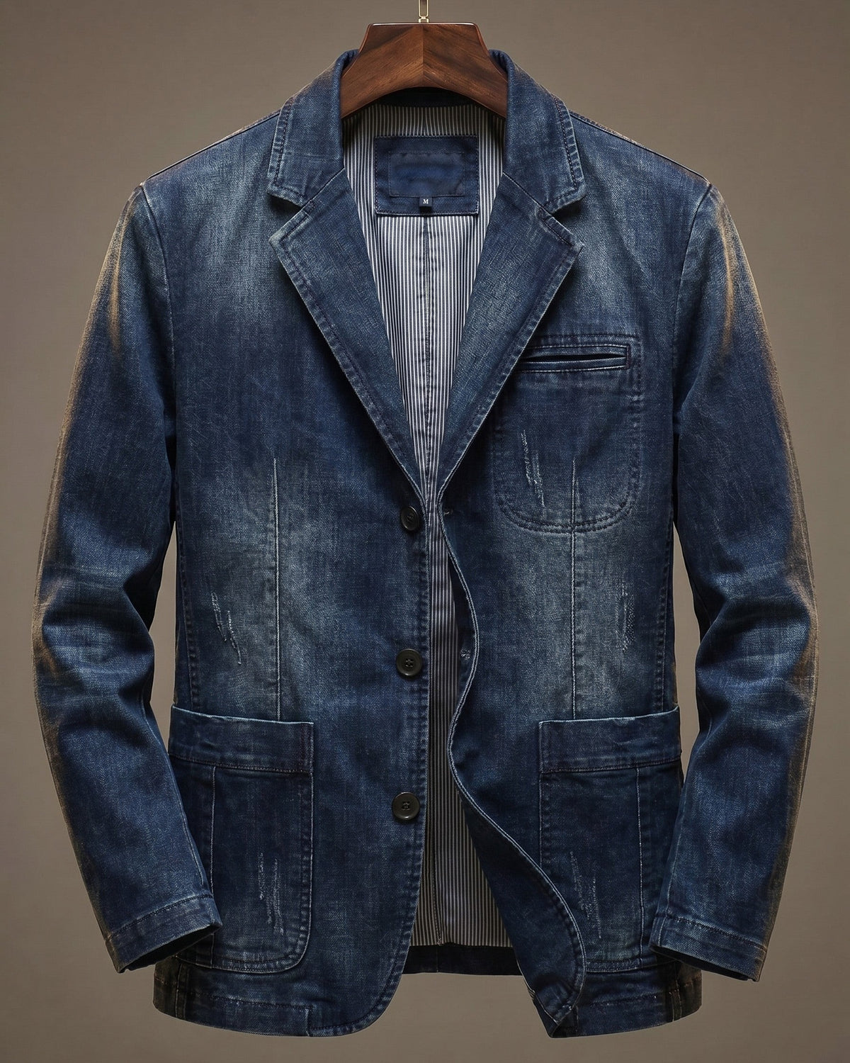 Dark indigo distressed denim blazer with faded whiskering detail