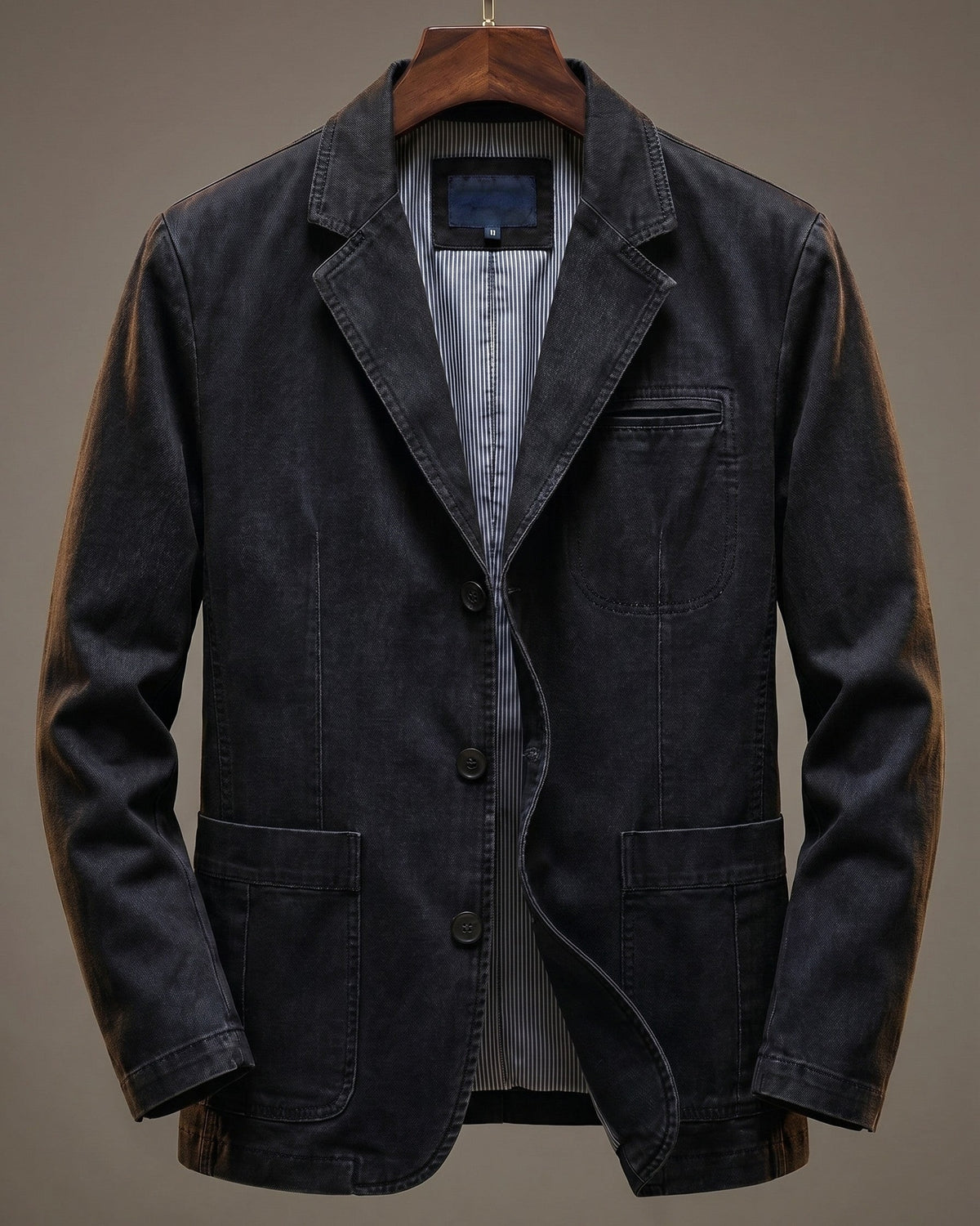Charcoal black washed denim blazer with tonal stitching and chest pocket