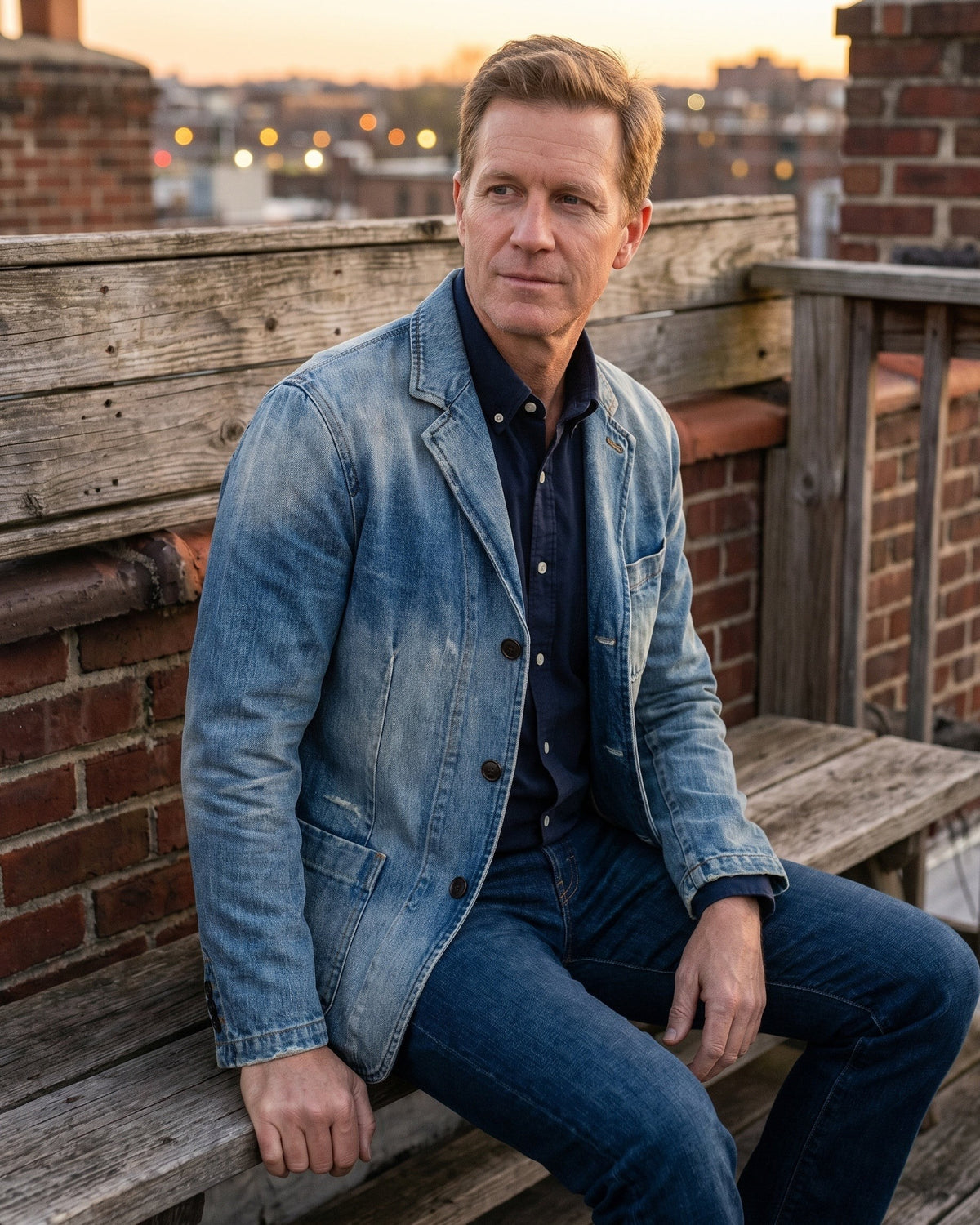 Man in light-wash denim blazer paired with jeans, seated on rooftop bench
