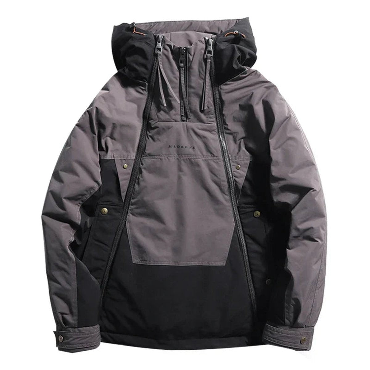 Grey and black colour-block hooded jacket with contrast zip puller detail