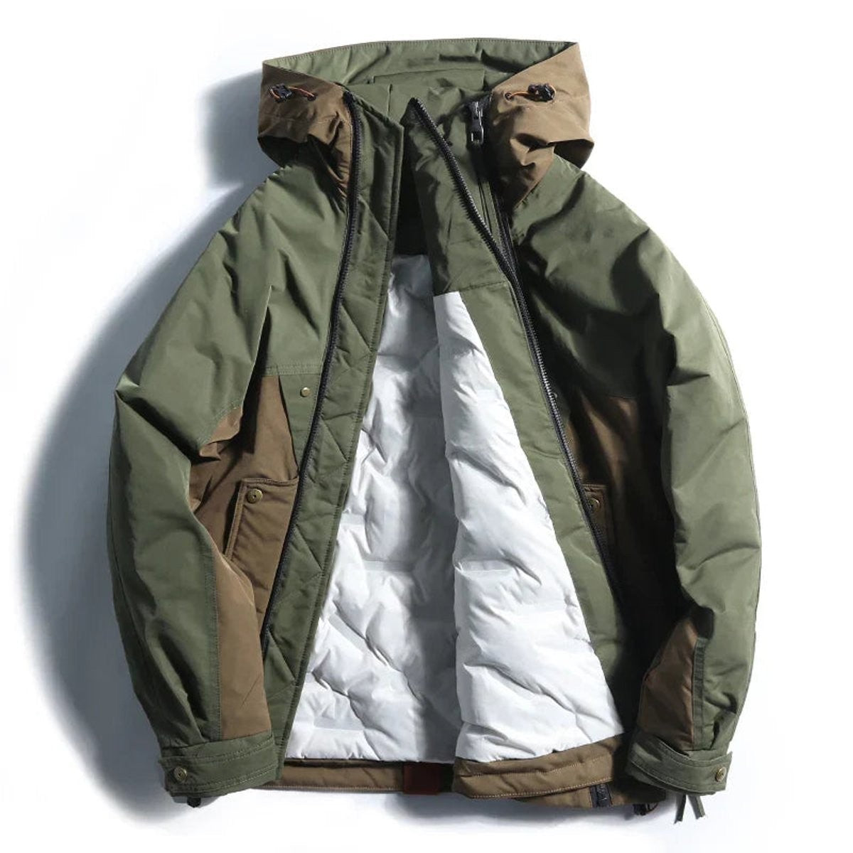 Khaki hooded jacket unzipped showing white quilted thermal lining inside
