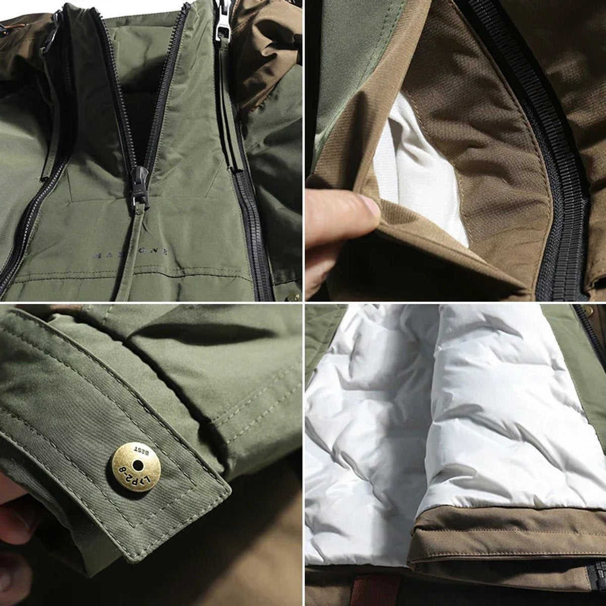 Detail shots of khaki jacket showing zip pull, lining, popper cuff and padding