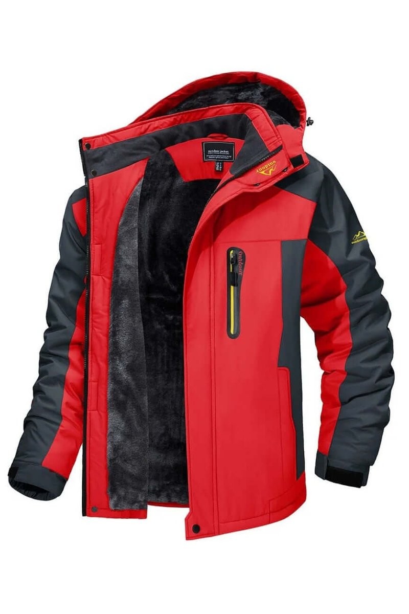 Red waterproof jacket with hood open, showing fleece lining and zip pocket