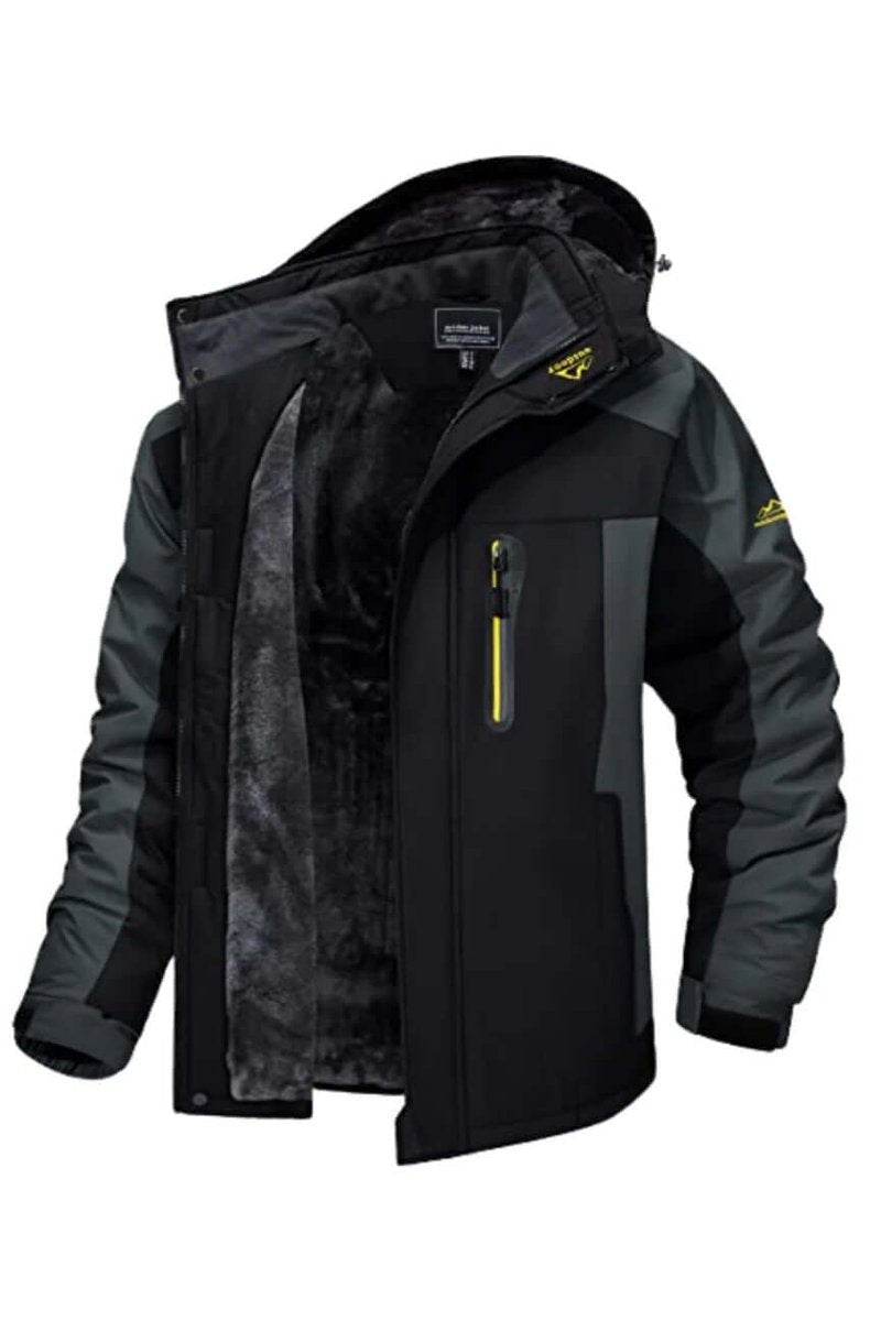 Black hooded winter jacket with grey sleeves and fleece-lined interior visible