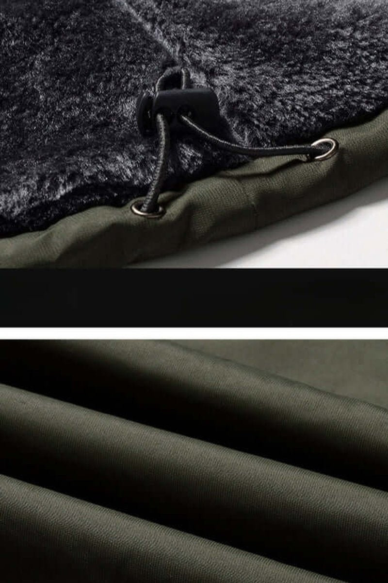 Close-up of hood drawstring toggle on khaki green fleece-lined winter jacket
