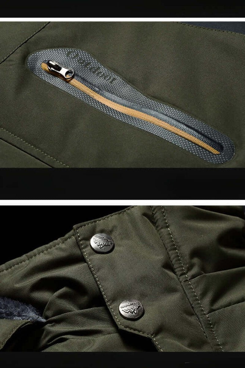 Close-up of chest zip pocket and popper fastenings on khaki green jacket