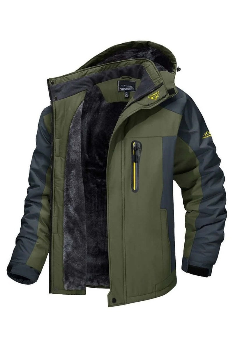Khaki green hooded jacket displayed with fleece lining and grey sleeve detailing
