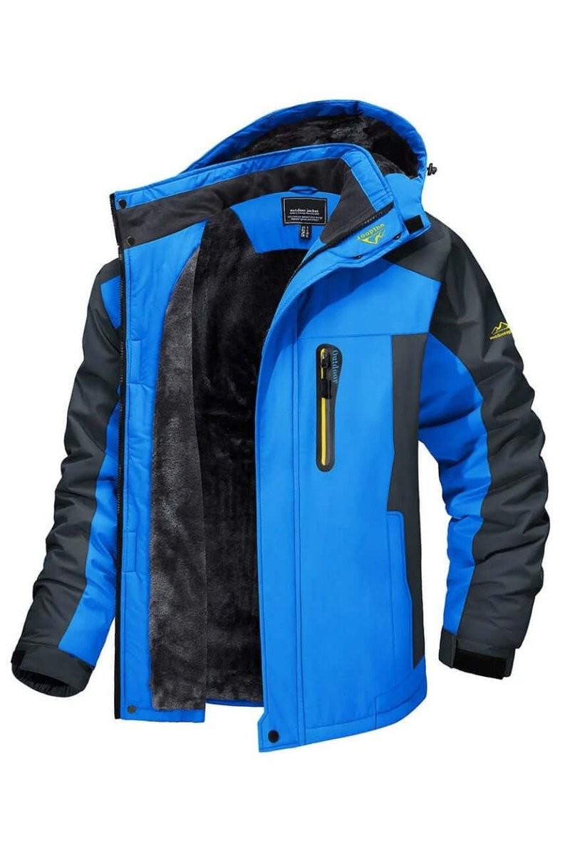 Blue hooded outdoor jacket shown open, revealing soft fleece inner lining