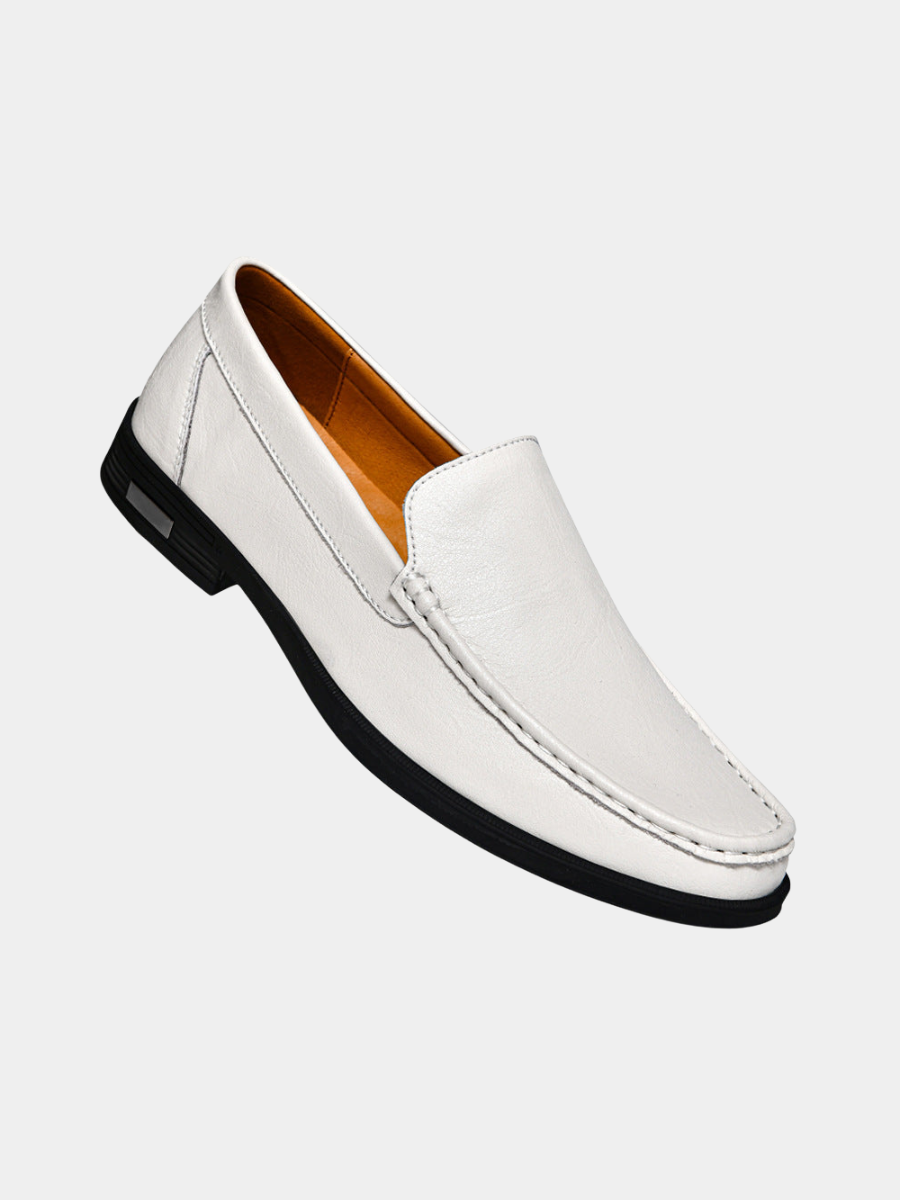 White leather slip-on loafer with contrast stitching and black sole