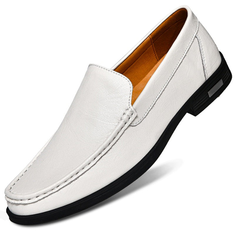 White leather men's loafer shown with tan interior lining