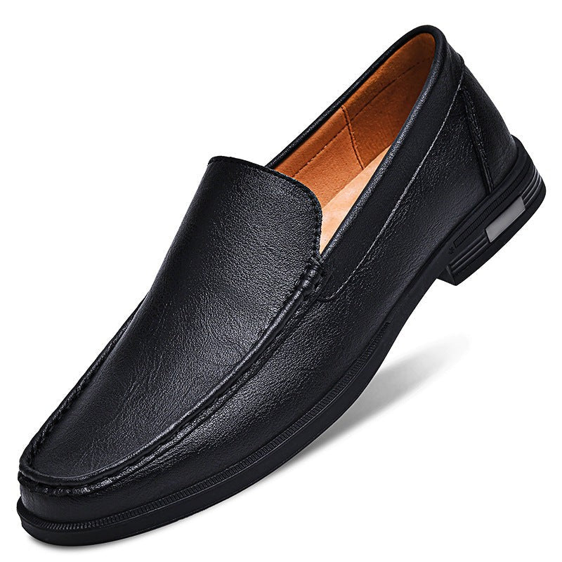 Black leather slip-on loafer with stitched apron toe design
