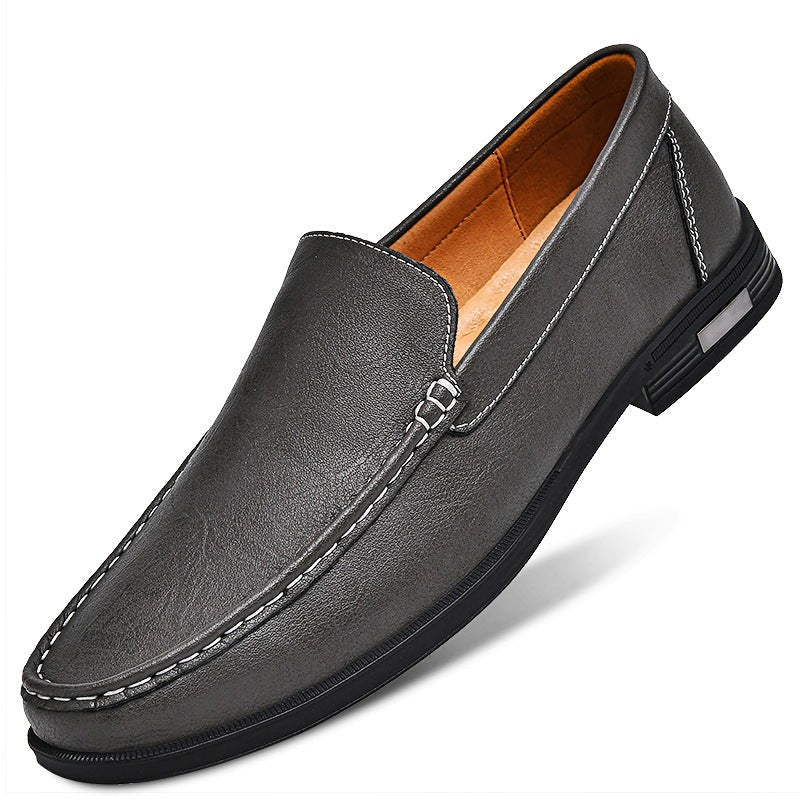 Grey leather men's loafer with contrast stitching detail
