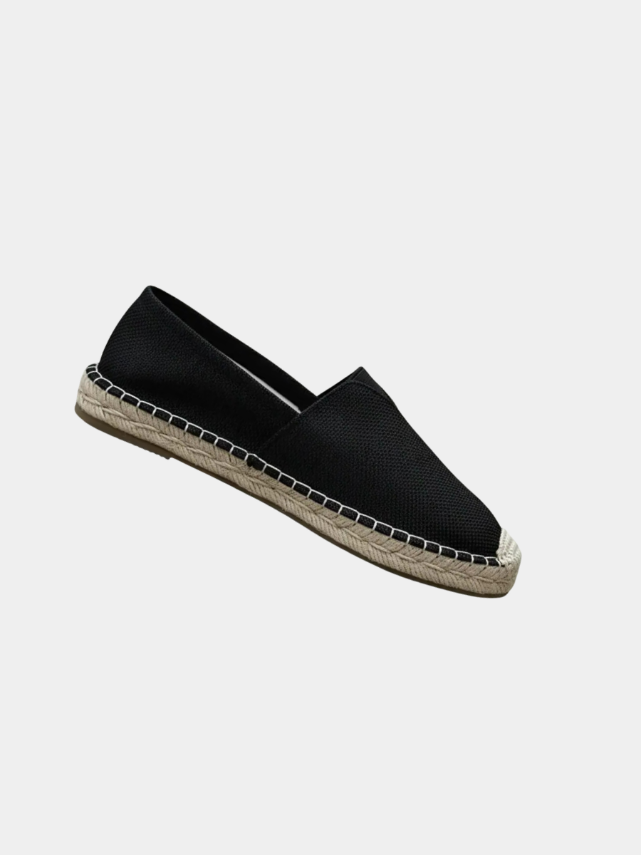 Black woven espadrille with jute sole and stitched trim, slip-on style