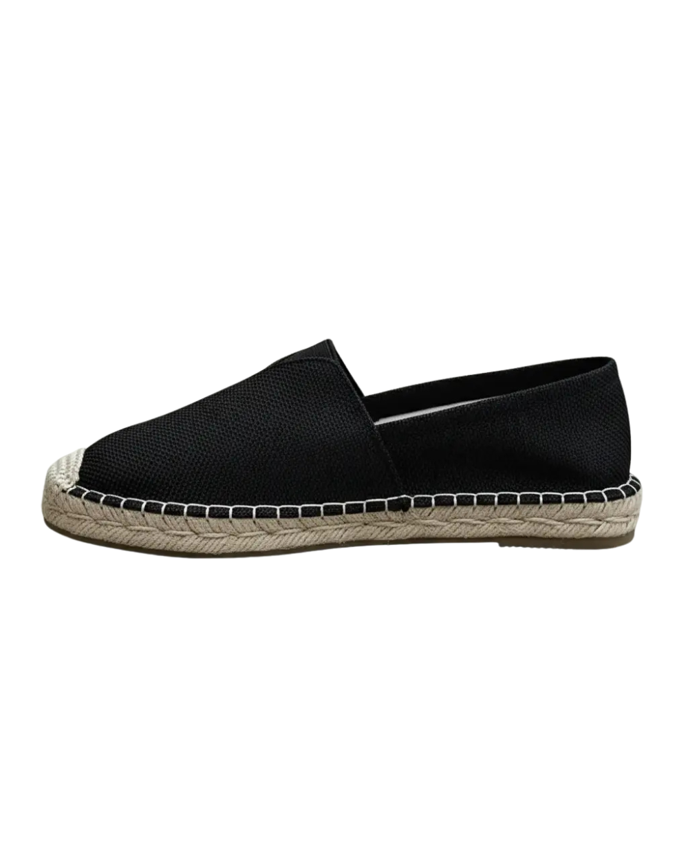 Side view of black canvas espadrille showing jute midsole detail