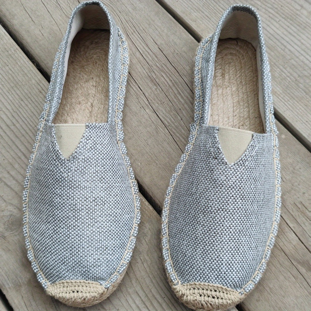 Grey woven espadrilles with jute edging and crochet toe detail