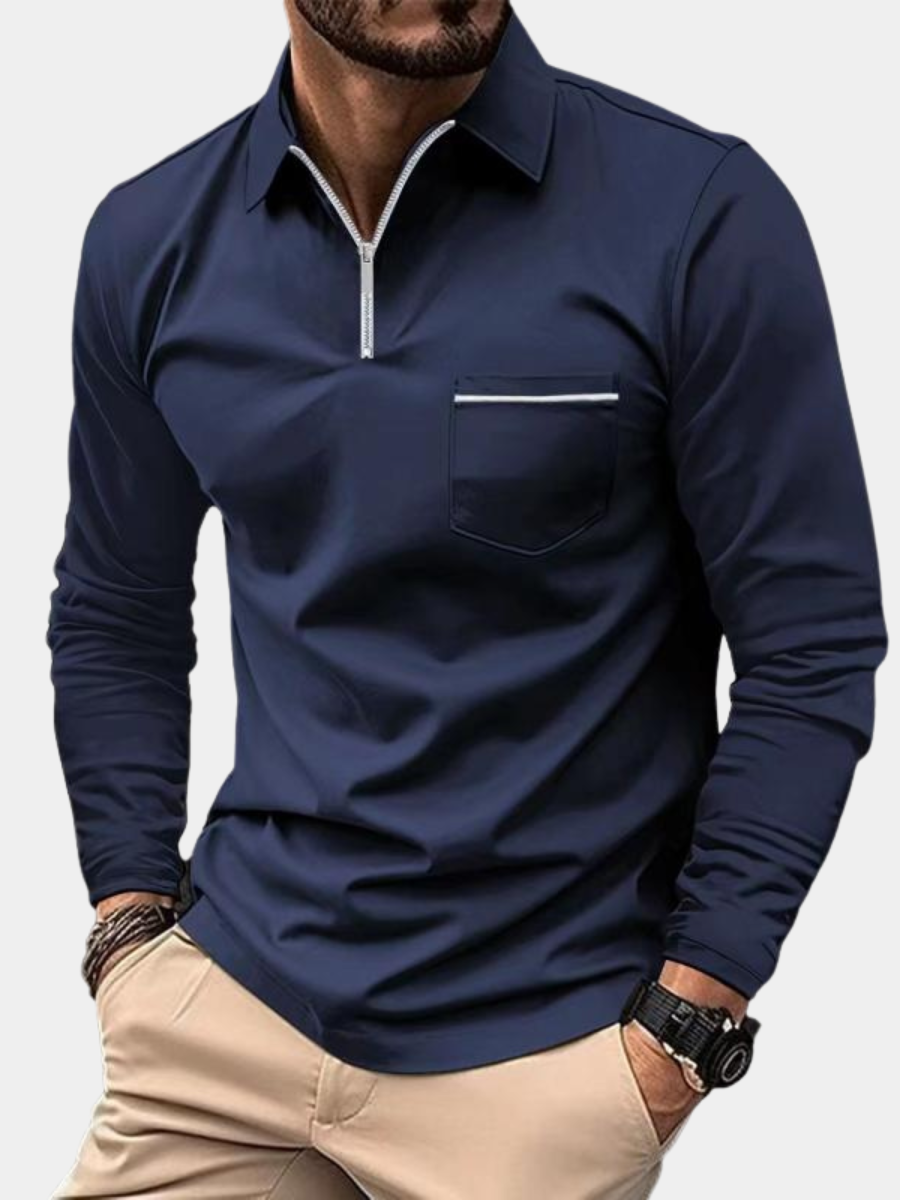 Navy long sleeve polo shirt with zip collar and chest pocket detail