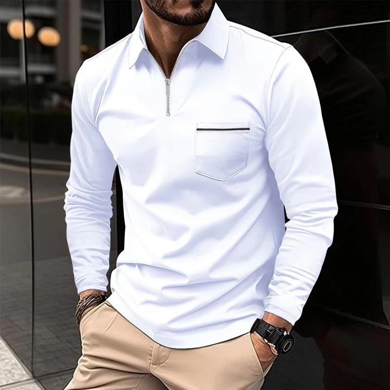 White long sleeve polo shirt with silver zip collar and pocket detail