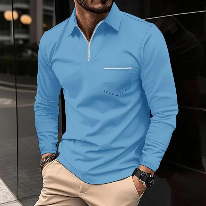 Sky blue polo shirt featuring zip collar and striped chest pocket