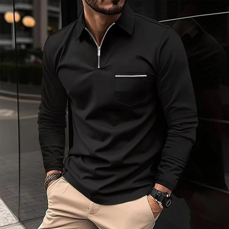 Black long sleeve polo shirt with quarter-zip collar and pocket detail