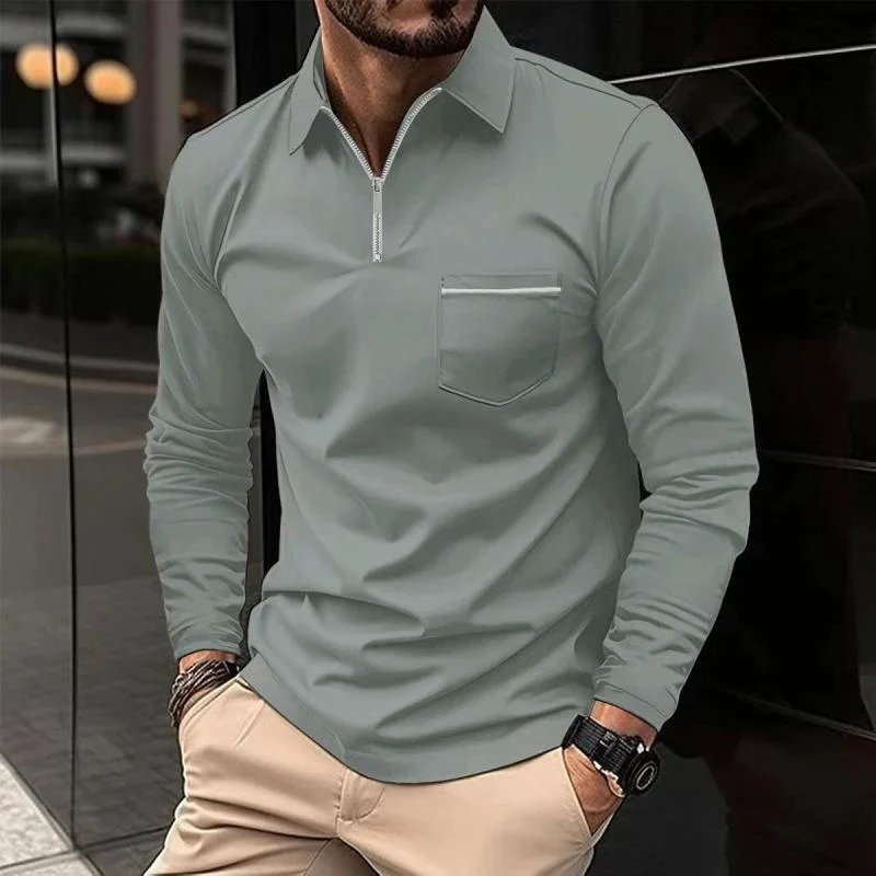 Sage green zip-neck polo shirt with long sleeves and chest pocket