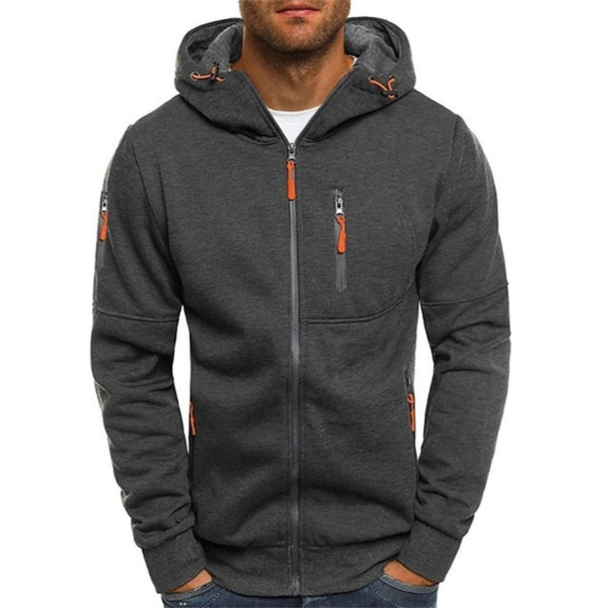 Charcoal grey men's zip hoodie with orange drawstring toggles and multi-pocket detailing