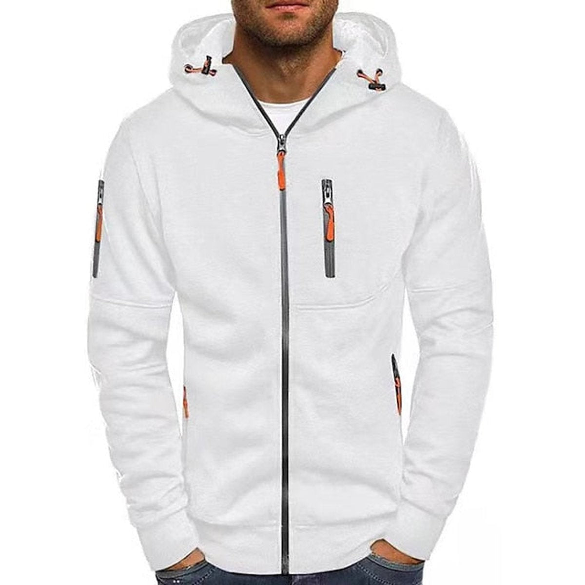 White men's zip-up hoodie featuring contrast orange zips and drawstring hood