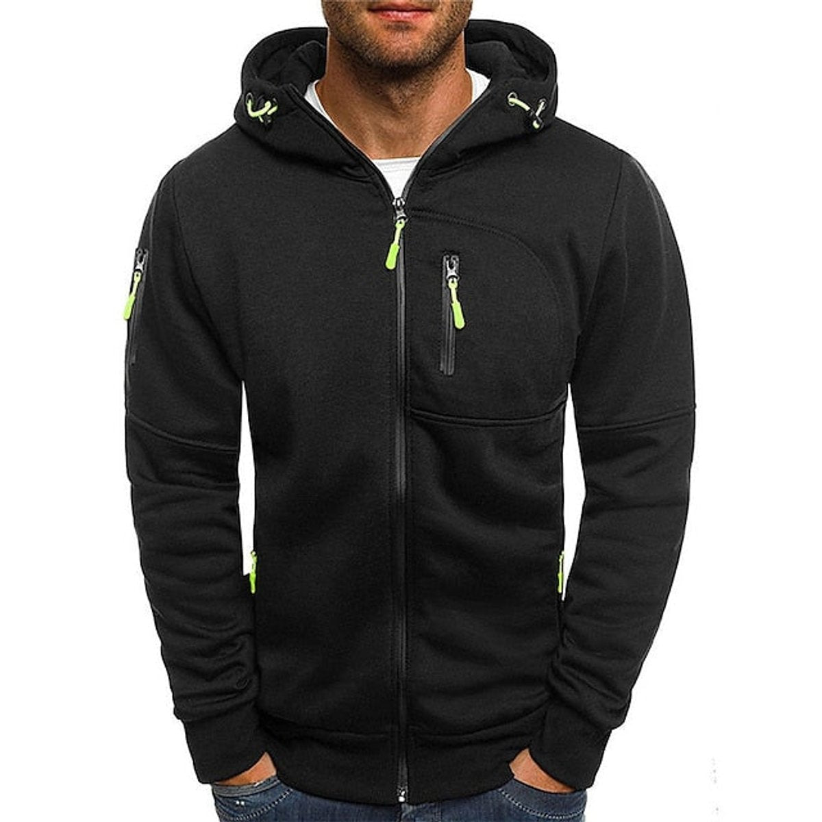 Black men's zip hoodie with neon green zip pulls and fleece lining