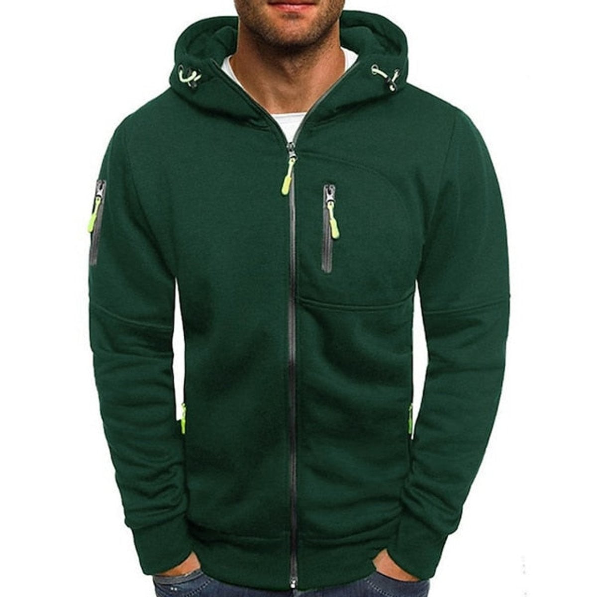 Bottle green zip-up hoodie with drawstring hood and contrast zip pockets