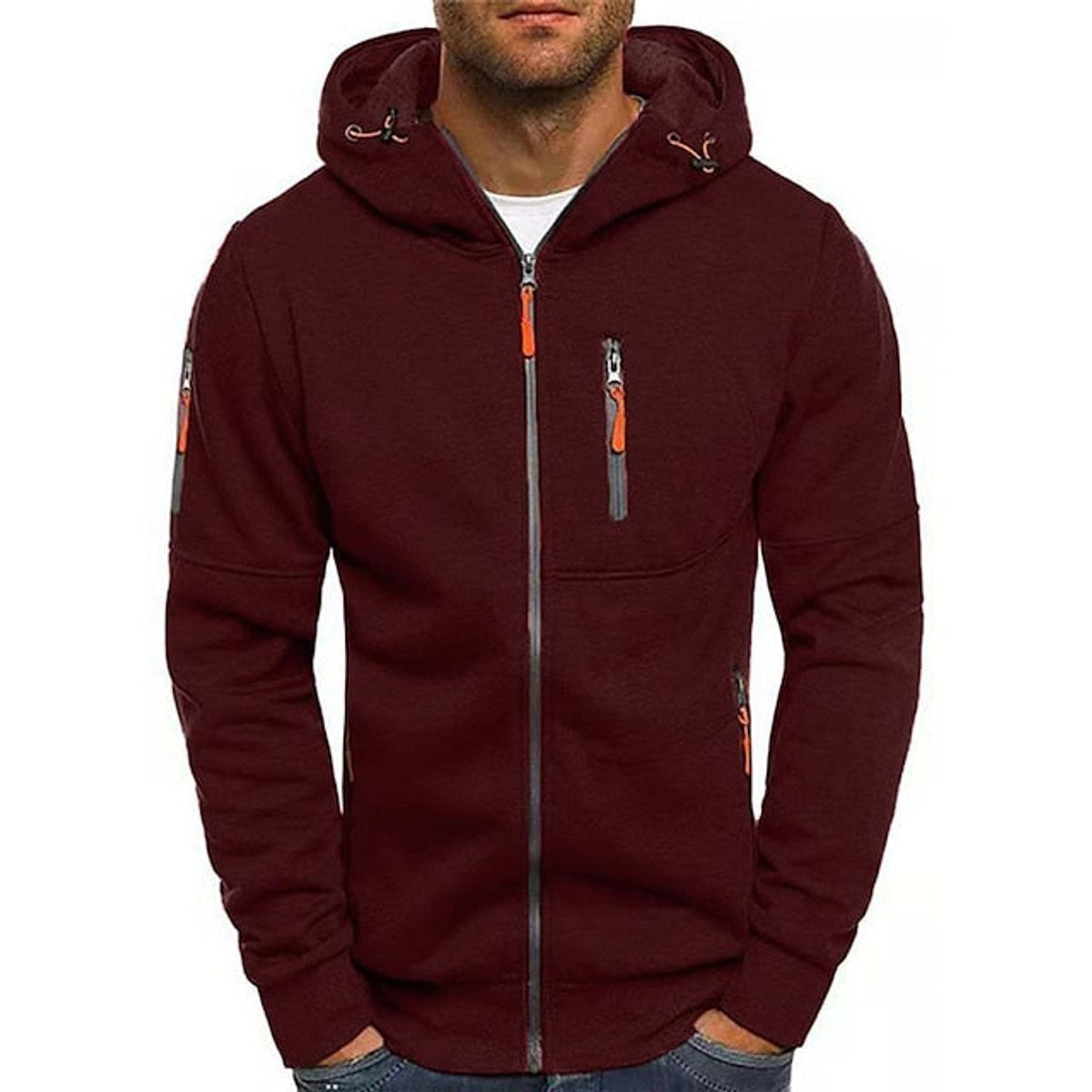 Burgundy men's zip hoodie with orange accents and multiple zip pockets