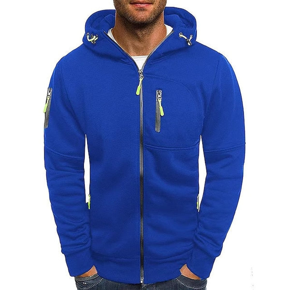 Royal blue zip-up hoodie featuring neon green zips and drawstring hood