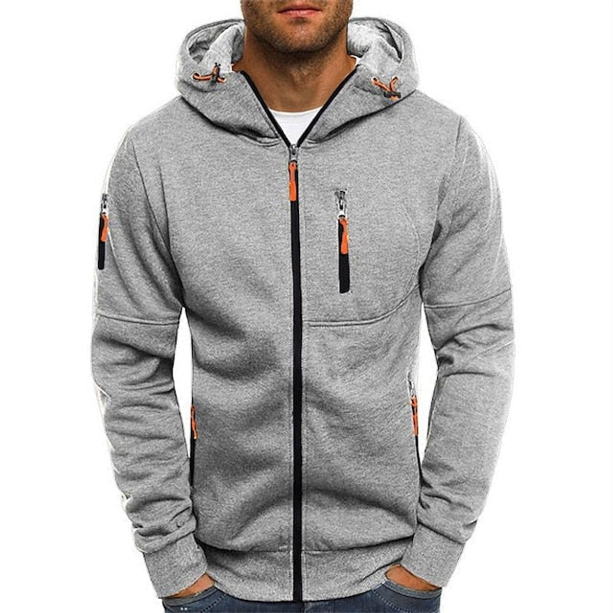 Light grey men's zip hoodie with orange zip pulls and fleece finish