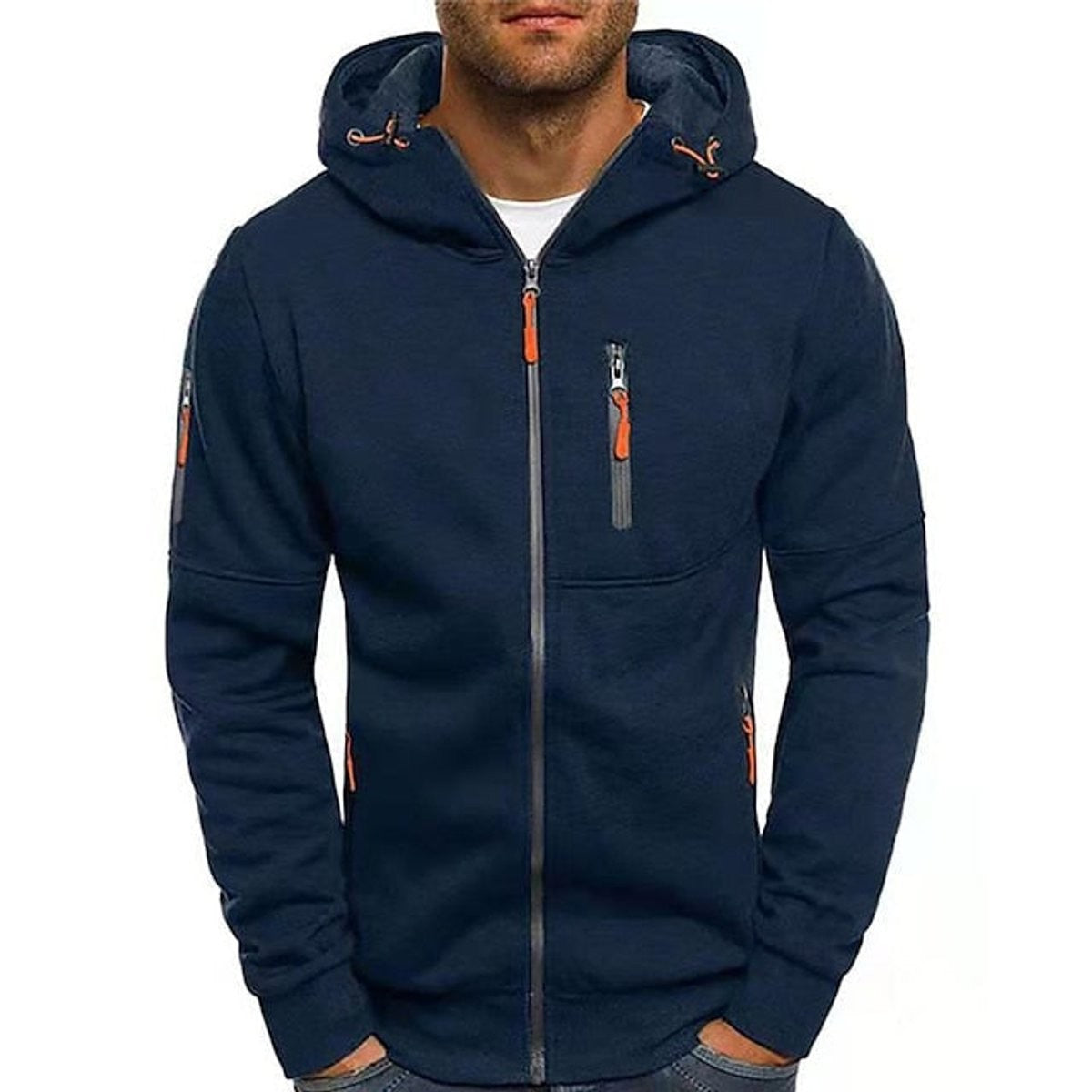 Navy blue zip-up hoodie with orange drawstrings and multi-pocket design