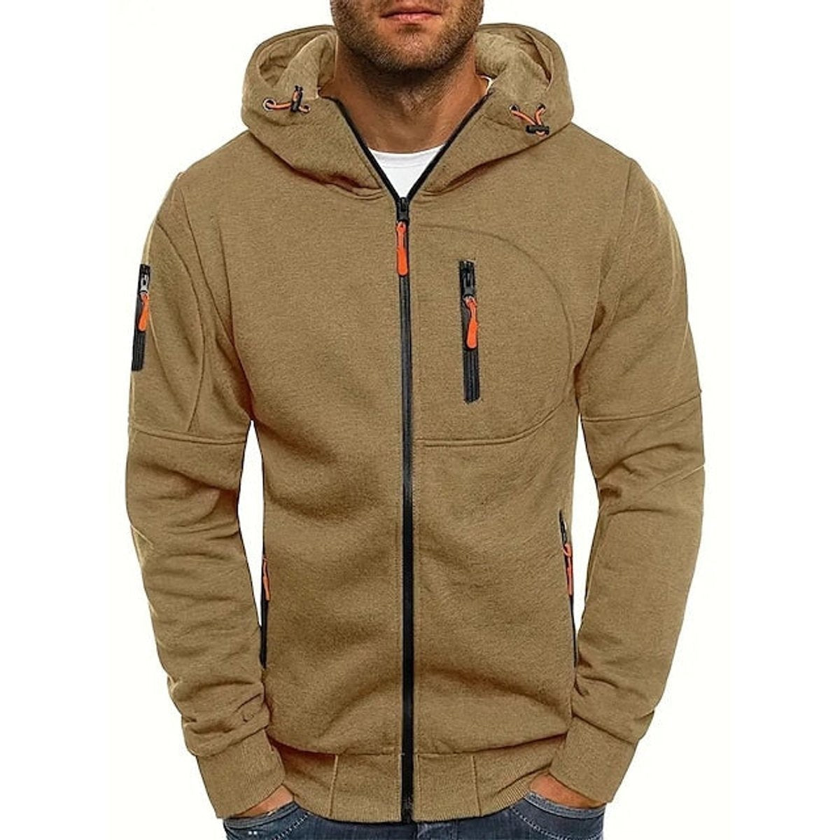 Khaki men's zip hoodie with orange zip details and drawstring hood